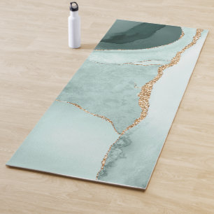 Watercolor Agate, Slate Green Faux Silver Veins Yoga Mat