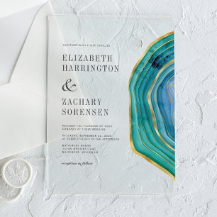 Watercolor Agate Teal Gold Wedding Acrylic Invitations