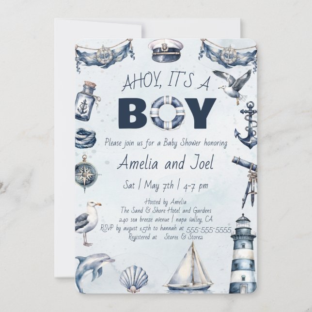 Watercolor Ahoy Its a Boy Nautical Baby Shower Invitation (Front)