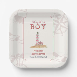 Watercolor Ahoy Nautical Lighthouse Baby Shower Paper Plate