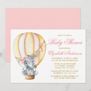 Watercolor Air Balloon Baby Shower Elephant Bow Invitation