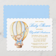 Watercolor Air Balloon Teddy Bear Blue Baby Shower
