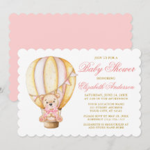 Watercolor Air Balloon Teddy Bear Pink Baby Shower