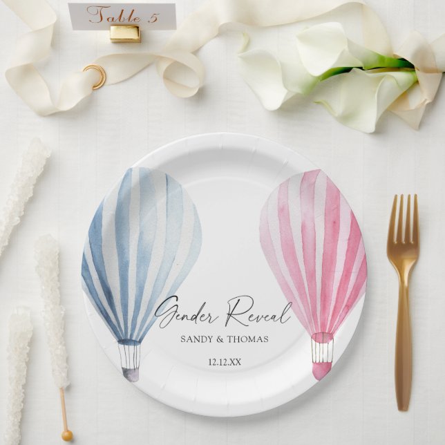 Watercolor Air Balloons Gender Reveal Paper Plate (Wedding)