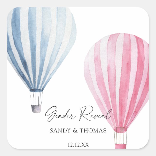 Watercolor Air Balloons Gender Reveal Square Sticker (Front)