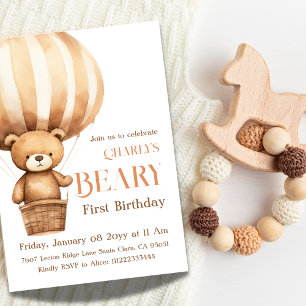 Watercolor Airballoon Beary First 1st Birthday Invitation