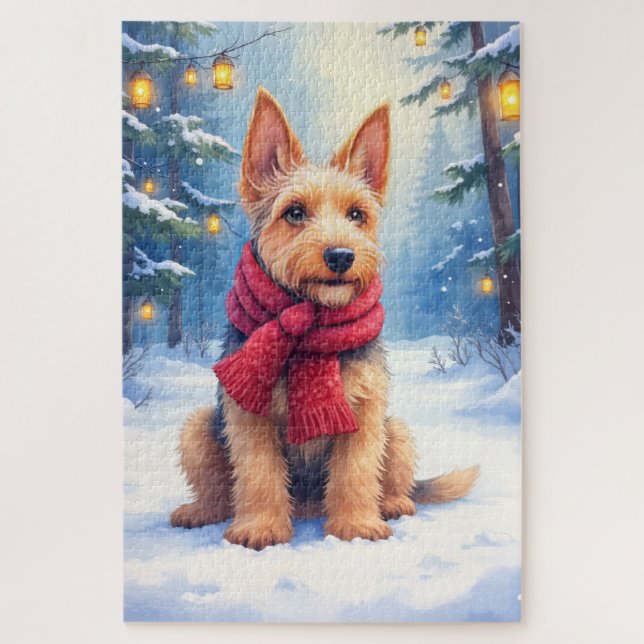 Watercolor Airedale Terrier Snowy Christmas Jigsaw Puzzle (Vertical)