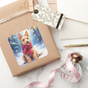 Watercolor Airedale Terrier Snowy Christmas Square Sticker