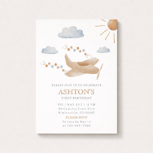 Watercolor Airplane 1st Birthday Invitation