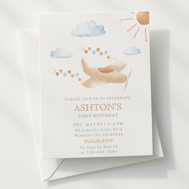 Watercolor Airplane 1st Birthday Invitation (Creator Uploaded)