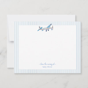 Watercolor Airplane Baby Boy blue and white border Thank You Card