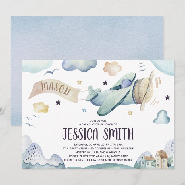 Watercolor Airplane Baby Boy Shower Invitation (Front/Back)