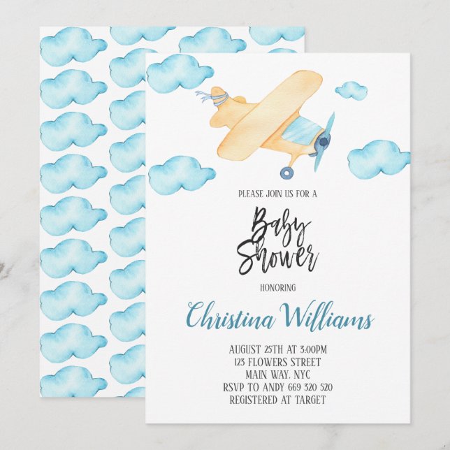 Watercolor Airplane Boy Baby Shower Blue Invitation (Front/Back)