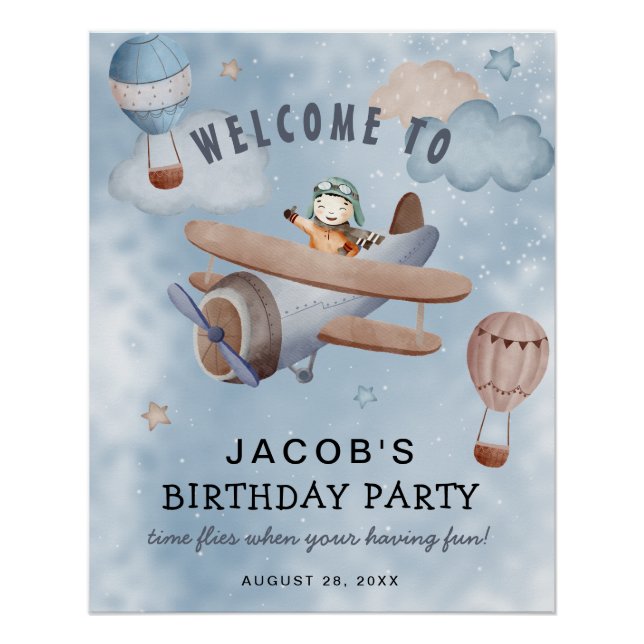 Watercolor Airplane Boy Birthday Party Welcome Poster (Front)