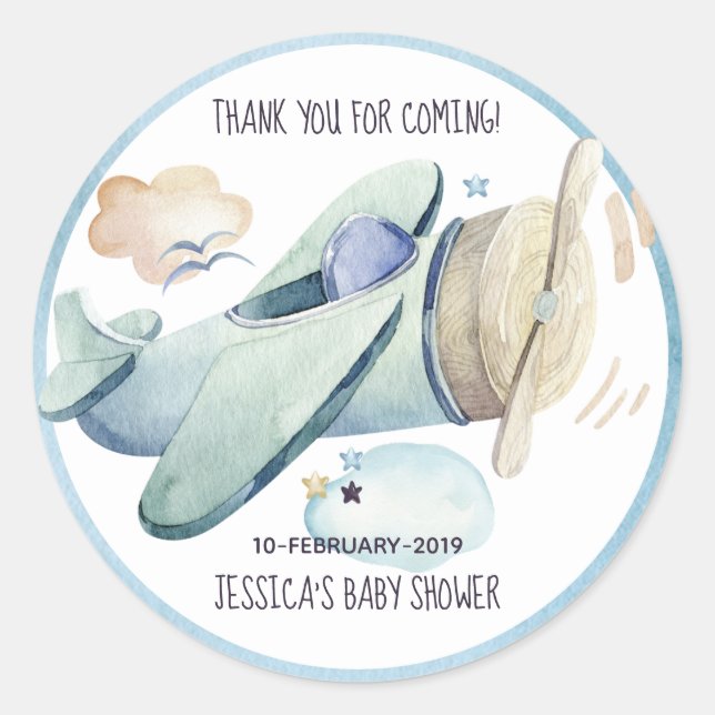 Watercolor Airplane Party Blue Classic Round Sticker (Front)
