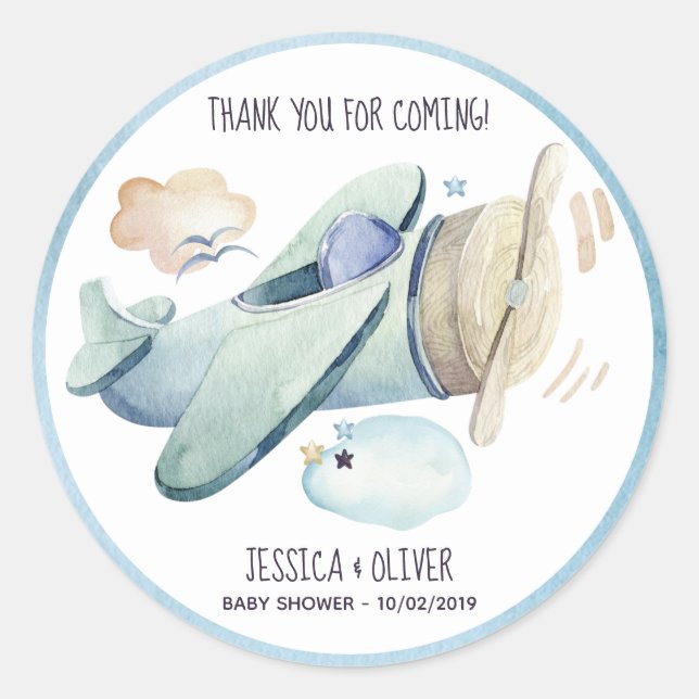 Watercolor Airplane Party in Blue Classic Round Sticker (Front)
