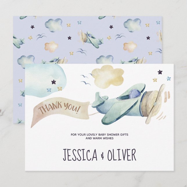Watercolor Airplane Party in Blue Thank You Card (Front/Back)