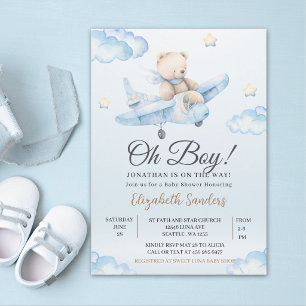 Watercolor Airplane Teddy Bear Baby Shower Invitation