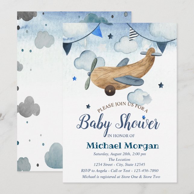 Watercolor Airplane Toy,Stars,CloudsBaby Shower Invitation (Front/Back)