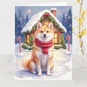 Watercolor Akita Gingerbread House Christmas Card