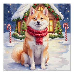 Watercolor Akita Gingerbread House Christmas Poster