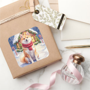 Watercolor Akita Gingerbread House Christmas  Square Sticker