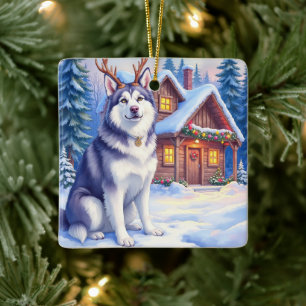 Watercolor Alaskan Malamute Reindeer Christmas Ceramic Ornament