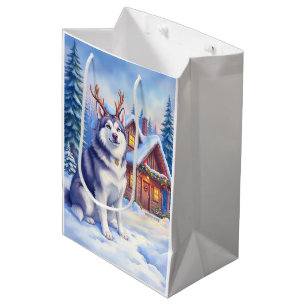 Watercolor Alaskan Malamute Reindeer Christmas Medium Gift Bag