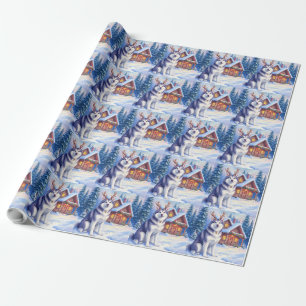 Watercolor Alaskan Malamute Reindeer Christmas Wrapping Paper