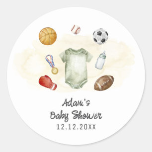 Watercolor All Star Sports bodysuit Baby Shower Classic Round Sticker