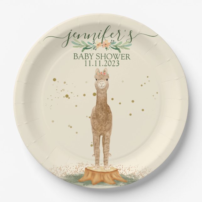 Watercolor Alpaca Baby Shower Animal Paper Plate (Front)