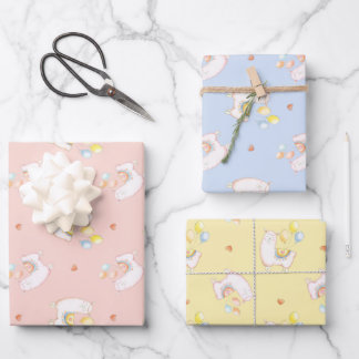 Watercolor Alpaca Birthday Pastel Balloons Pink Wrapping Paper Sheet