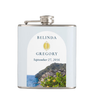 Watercolor Amalfi Coast Arch Italy Lemons Wedding Hip Flask