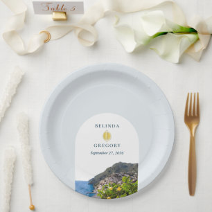 Watercolor Amalfi Coast Arch Italy Lemons Wedding Paper Plate