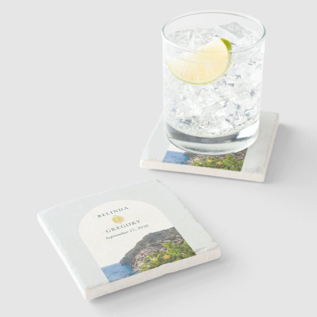 Watercolor Amalfi Coast Arch Italy Lemons Wedding Stone Coaster (Side)