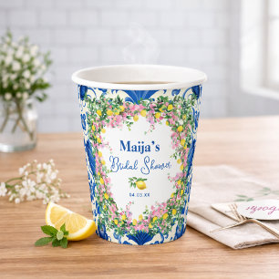 Watercolor Amalfi Coast Pink Lemons Bridal Shower Paper Cups