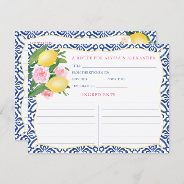 Watercolor Amalfi Lemons Blue Tiles Recipe Card (Front/Back)