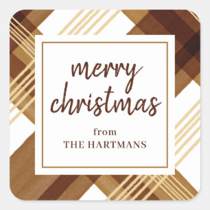 Watercolor Amber Gold Plaid Merry Christmas Name   Square Sticker