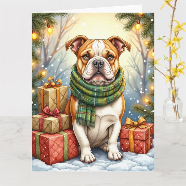 Watercolor American Bulldog Christmas Holiday Card (Yellow Flower)