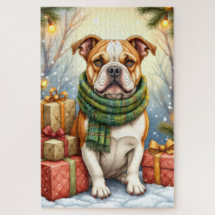 Watercolor American Bulldog Christmas Holiday Jigsaw Puzzle
