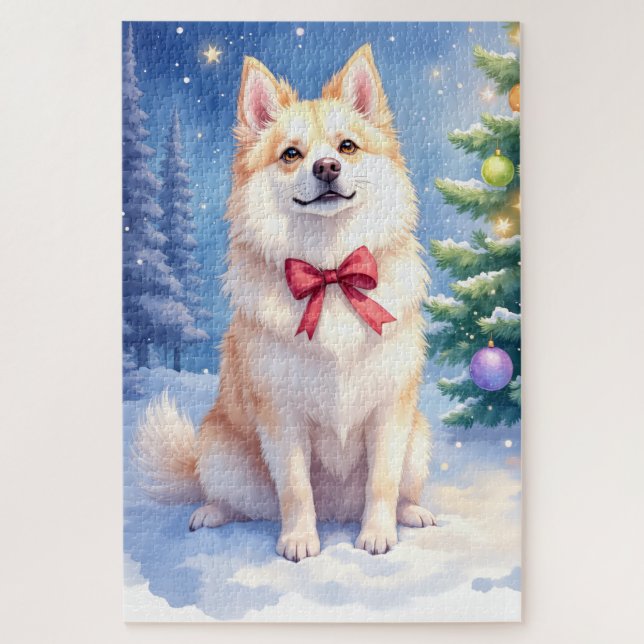 Watercolor American Eskimo Dog Sparkling Christmas Jigsaw Puzzle (Vertical)