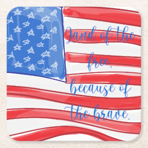 Watercolor American Flag Land of the Free Square Paper Coaster