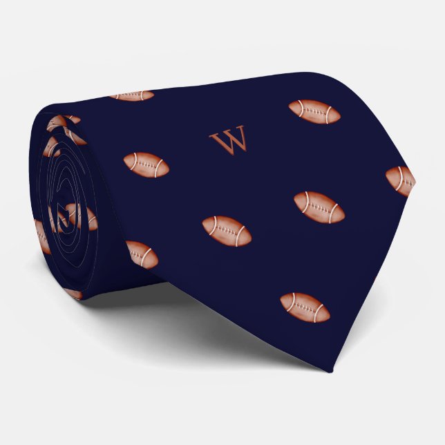 Watercolor American Football Monogram Initial Blue Tie (Rolled)
