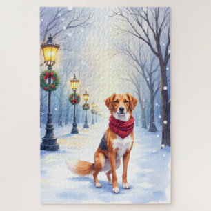 Watercolor American Foxhound Snowy Lamppost Jigsaw Puzzle