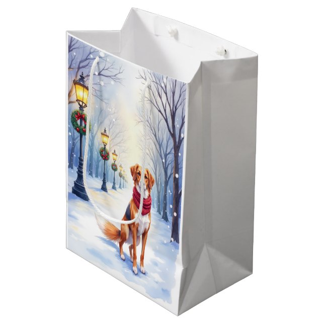 Watercolor American Foxhound Snowy Lamppost Medium Gift Bag (Front Angled)