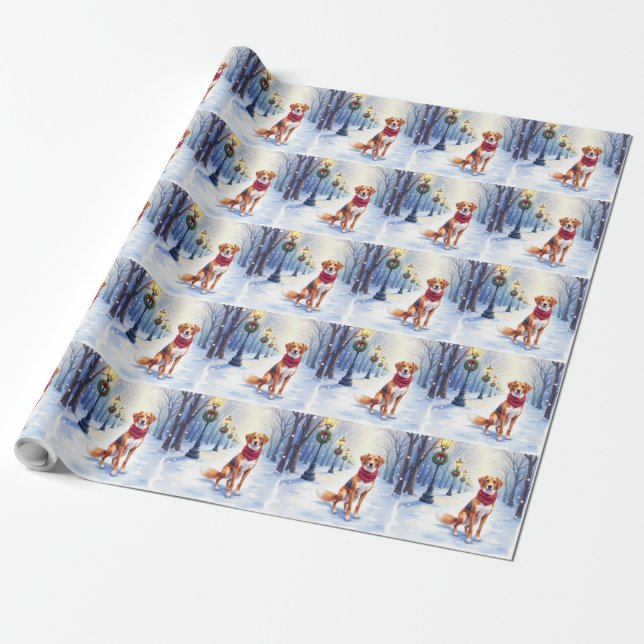 Watercolor American Foxhound Snowy Lamppost Wrapping Paper (Unrolled)