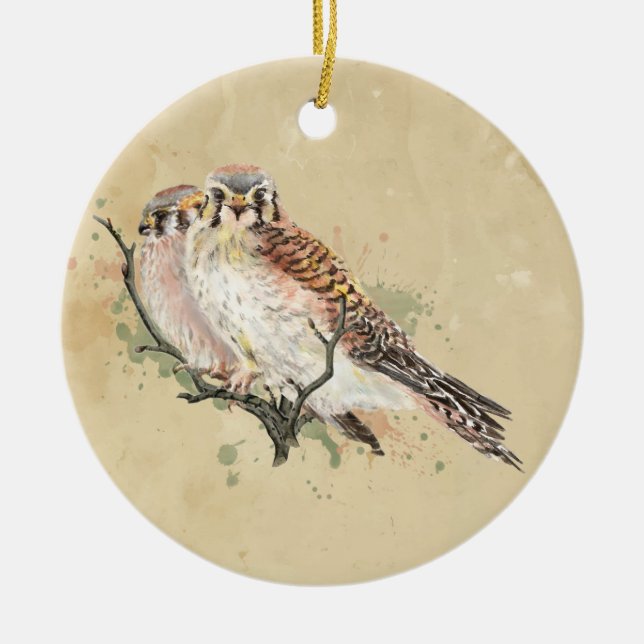 Watercolor American Kestrel, Falcon Bird Couple Ceramic Ornament (Front)