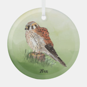 Watercolor American Kestrel, Falcon Bird Hawk Glass Ornament
