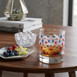 Watercolor American Patriotic Star Medley Monogram Whiskey Glass