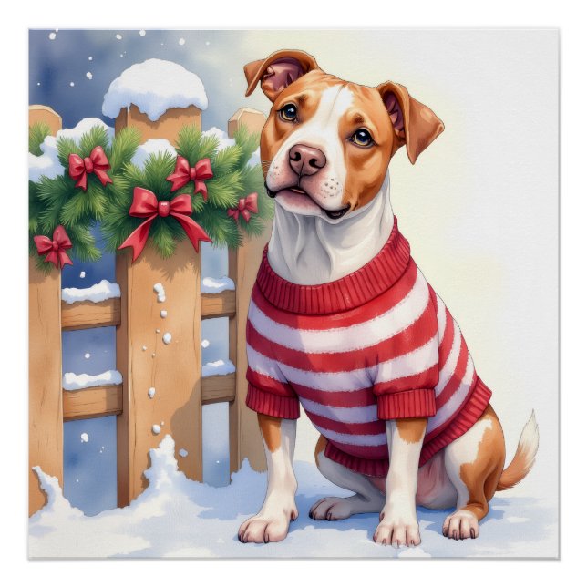 Watercolor American Pit Bull Terrier Festive Poster (Front)